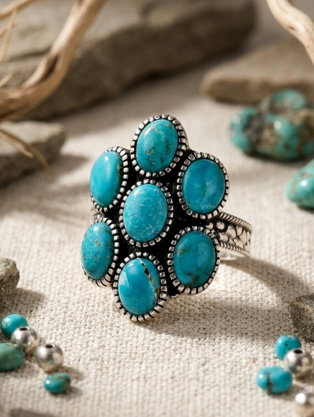 Sierra Nevada Turquoise Sterling Silver Floral Ring 5.65 CTW Western Cottagecore